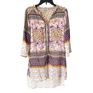 Figueroa & Flower Bohemian Patchwork Button Down Flowy Tunic Top Size Large